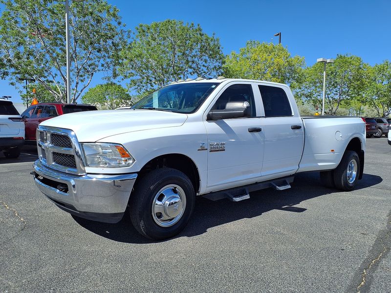 White 2018 Ram 3500 Tradesman crew cab dually, front three-quarter view